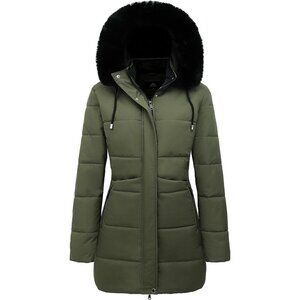 Women's Green Winter Puffer Coat Thicken Fleece Lined Down Jacket Waterproof